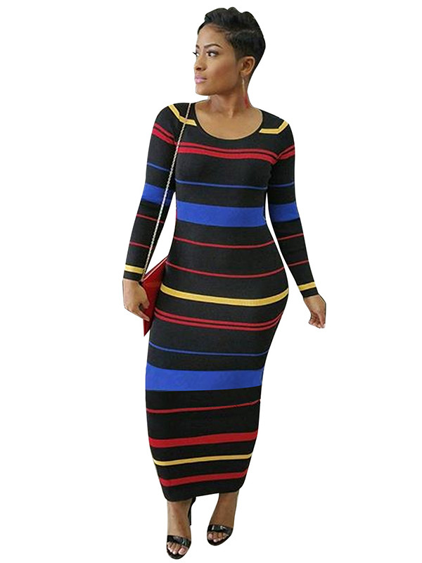 Fashion Round Neck Stripe Printed Black Maxi Dress