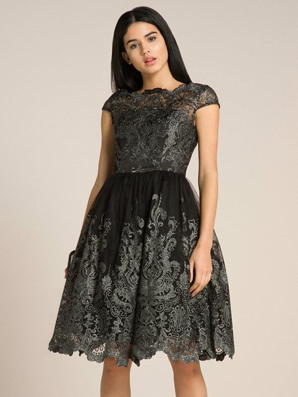 Fashion S-XL Short Sleeve Printed Lace Dress