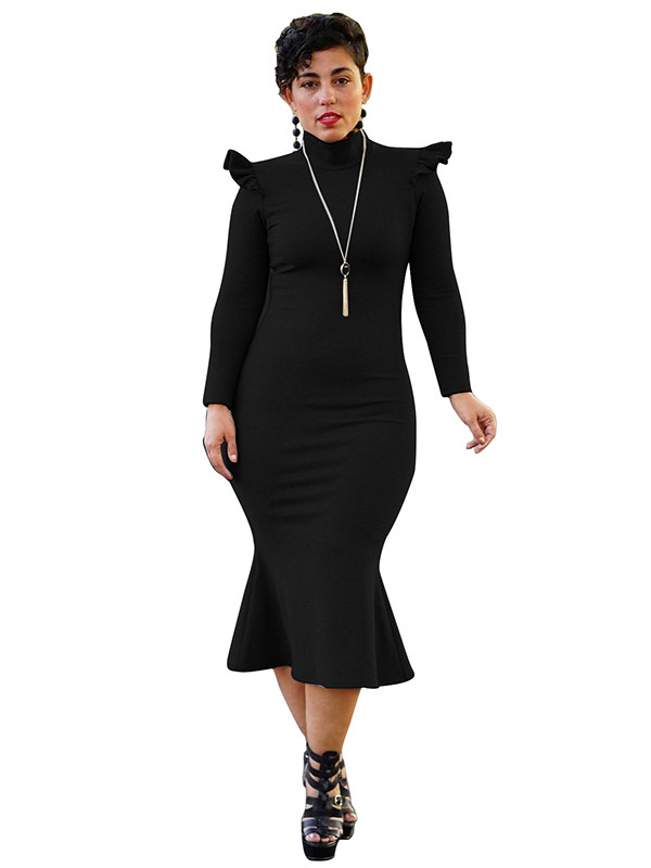 Fashionable Turtleneck Lotus Leaf Hem Black Mid Dress