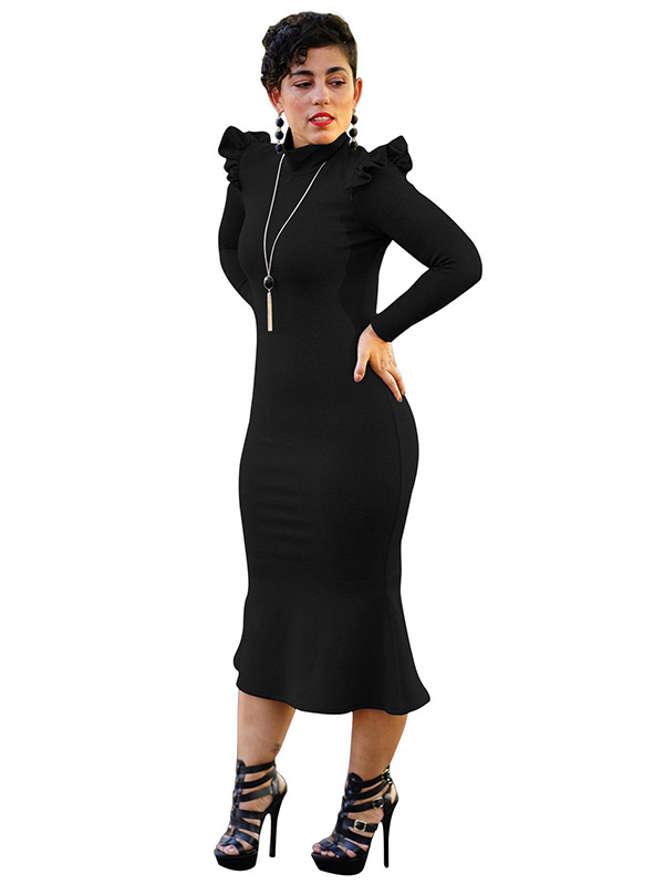 Fashionable Turtleneck Lotus Leaf Hem Black Mid Dress