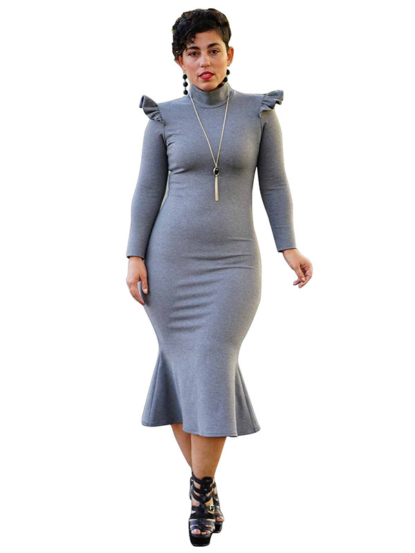 Fashionable Turtleneck Lotus Leaf Hem Grey Mid Dress