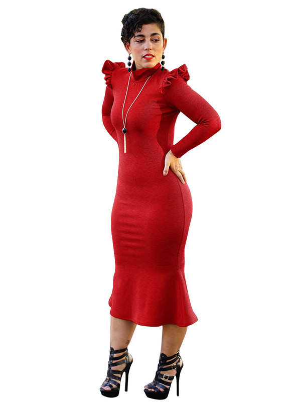 Fashionable Turtleneck Lotus Leaf Hem Red Mid Dress