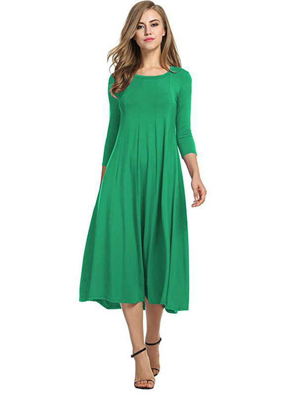 Green A-Line and Flare Midi Long Dress