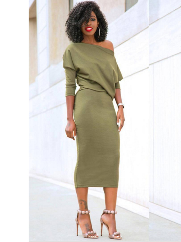 Green S-XL Sexy One Shoulder Midi Dress