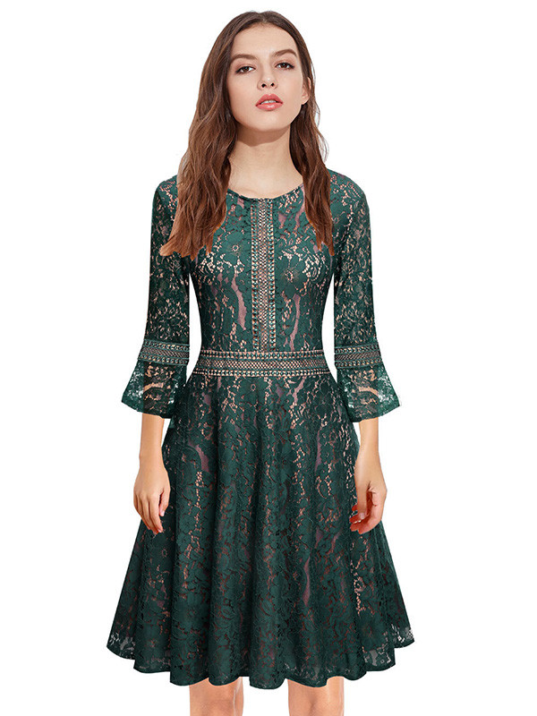 Green S-XXL Fashion Floral Printed Lace Dress