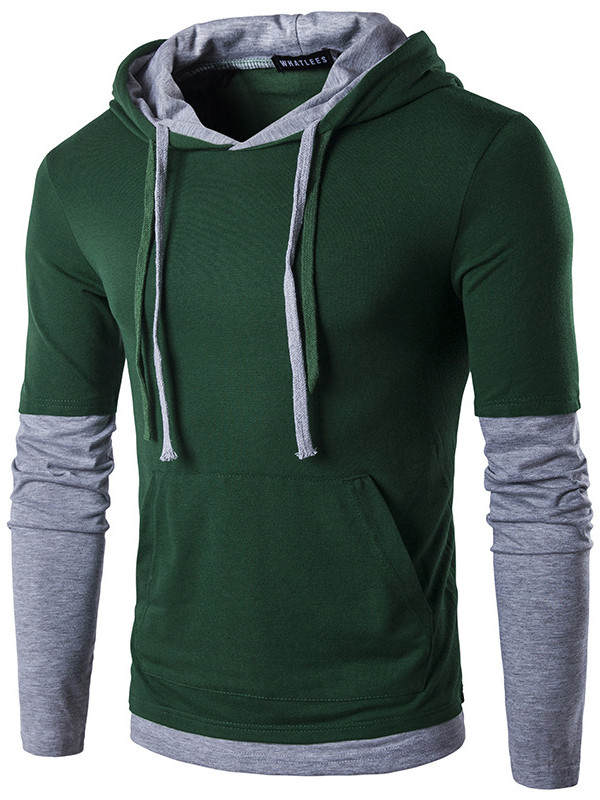 Green S-XXL Long Sleeve Patchwork Hooded T-Shirt