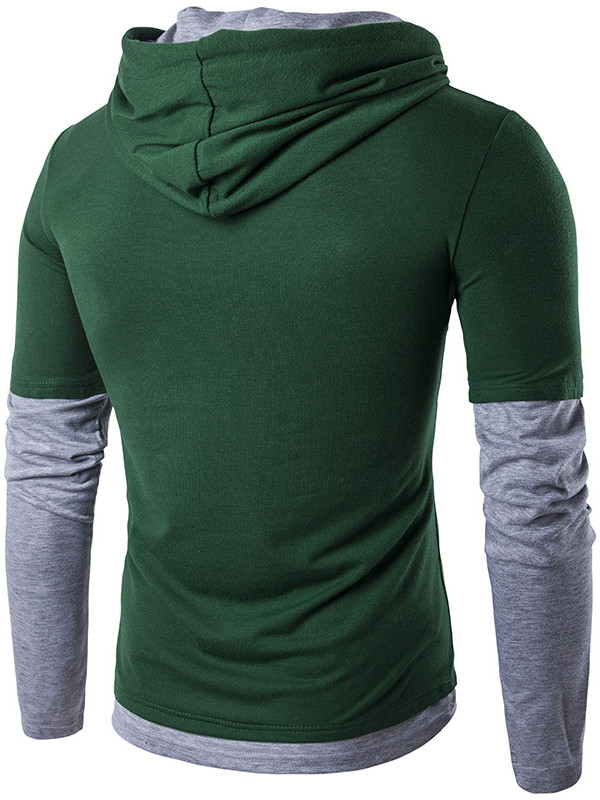 Green S-XXL Long Sleeve Patchwork Hooded T-Shirt