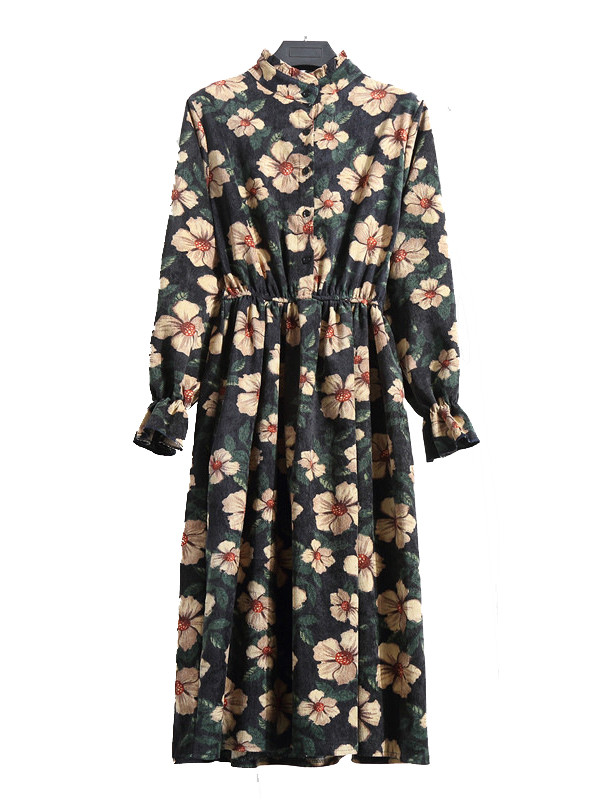 Green Women Stand Collar Long Sleeve Dress