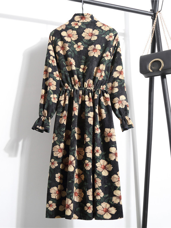 Green Women Stand Collar Long Sleeve Dress