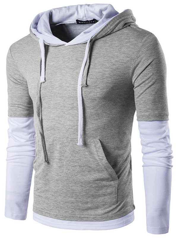 Grey Long Sleeve Patchwork Hooded T-Shirt