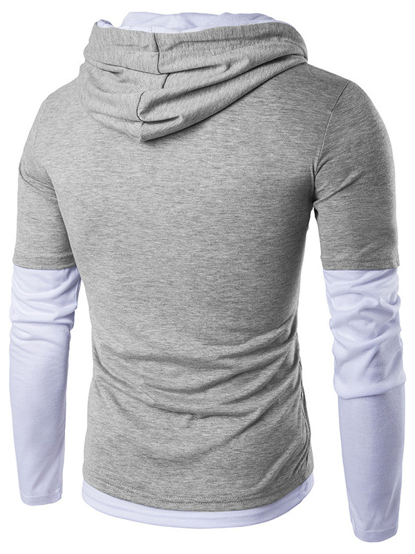 Grey Long Sleeve Patchwork Hooded T-Shirt