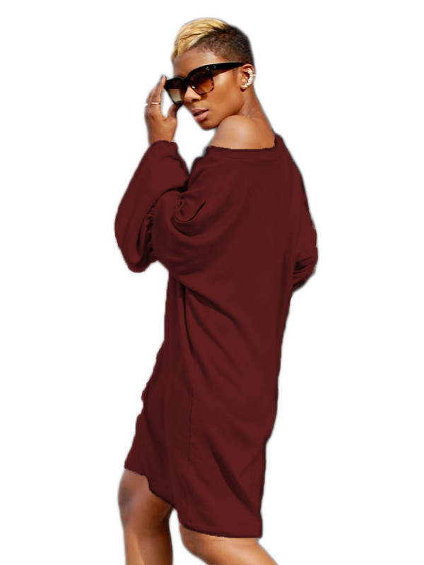 Leisure Dew Shoulder Wine Red Cotton Dress