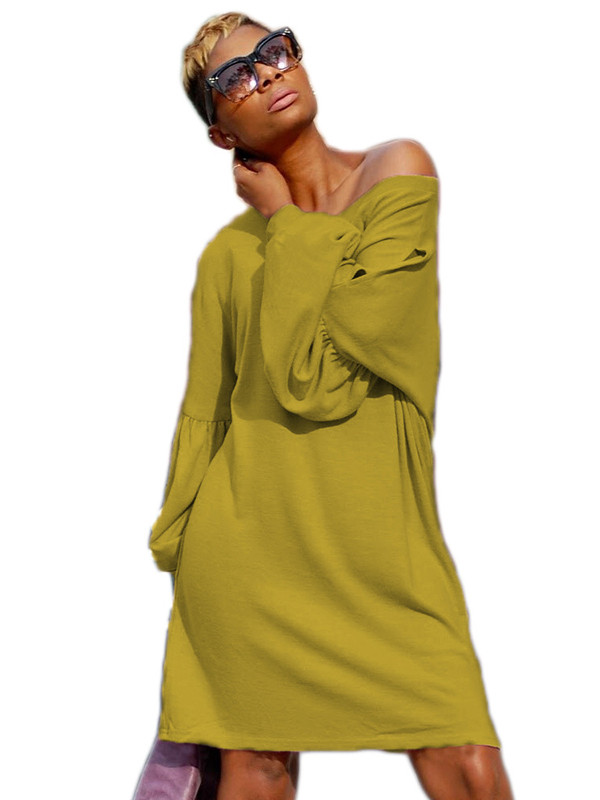 Leisure Dew Shoulder Yellow Cotton Dress