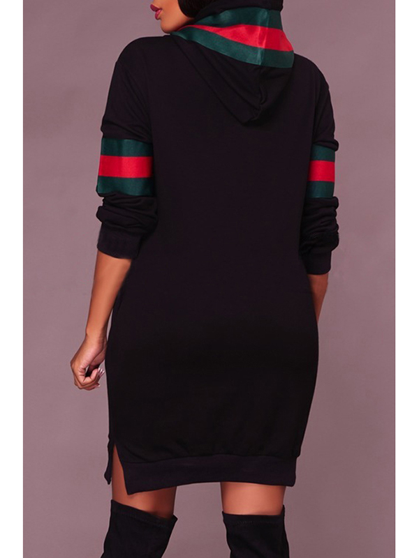 Leisure Hooded Collar Patchwork Black Mini Dress