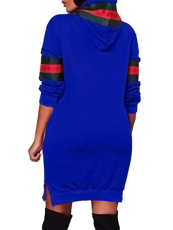 Leisure Hooded Collar Patchwork Blue Mini Dress