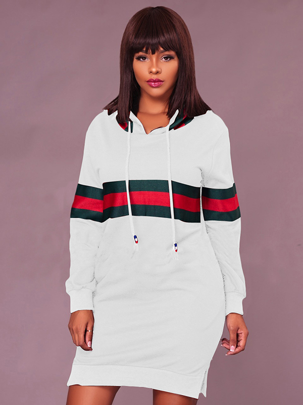 Leisure Hooded Collar Patchwork White Mini Dress