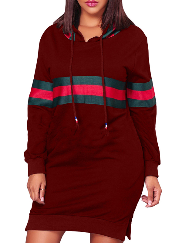 Leisure Hooded Collar Patchwork Wine Red  Mini Dress