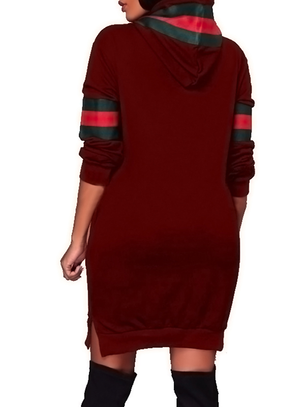Leisure Hooded Collar Patchwork Wine Red  Mini Dress