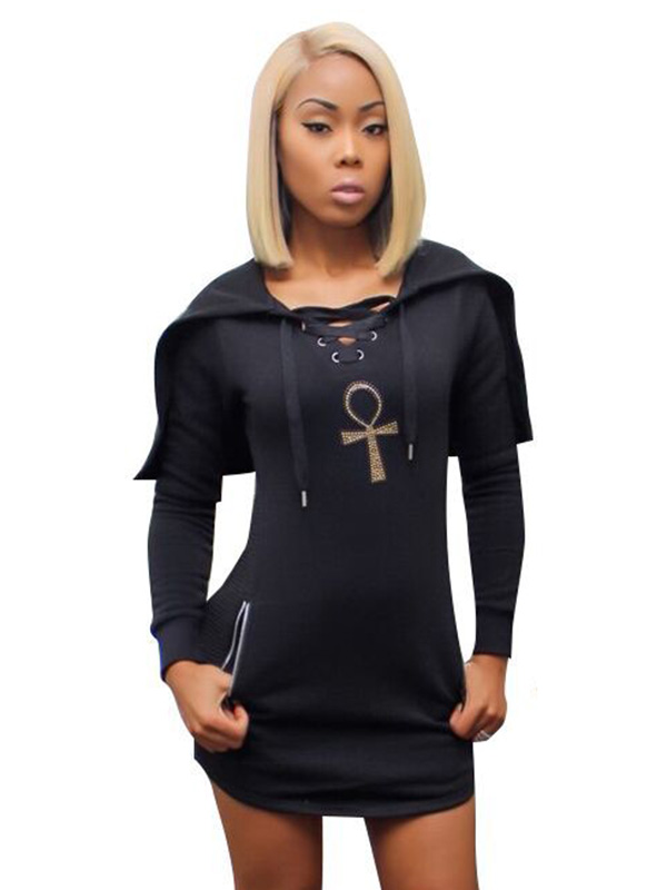 Leisure Long Sleeves Zipper Design Black Mini Dress
