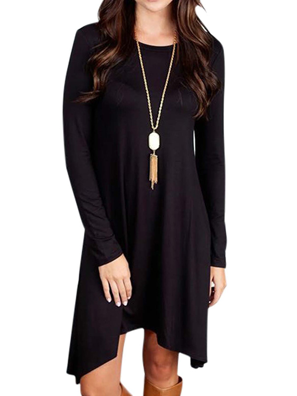 Leisure Round Neck Asymmetrical Black Blending Mini Dress