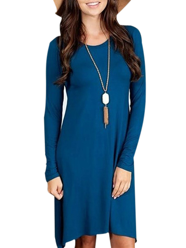 Leisure Round Neck Asymmetrical Blue Blending Mini Dress