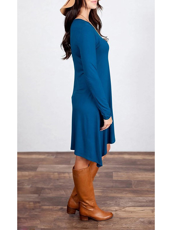 Leisure Round Neck Asymmetrical Blue Blending Mini Dress