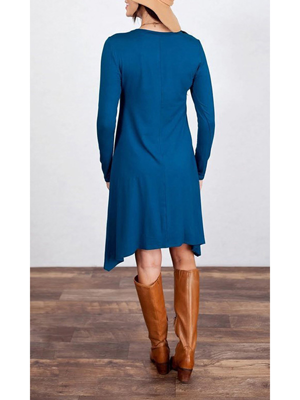 Leisure Round Neck Asymmetrical Blue Blending Mini Dress