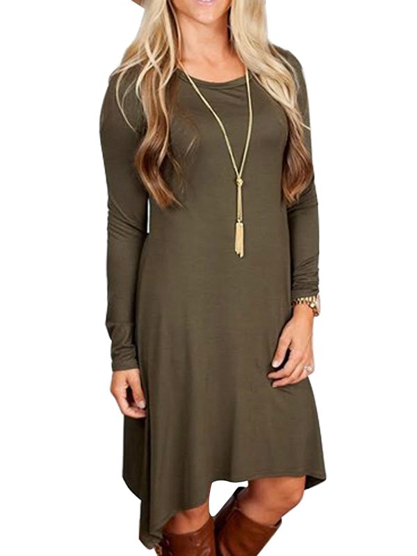 Leisure Round Neck Asymmetrical Green Blending Mini Dress