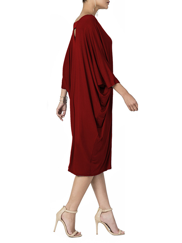 Leisure Round Neck Hollow-out Wine Red Polyester Dress