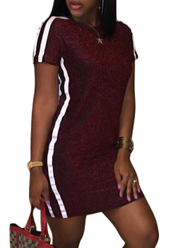 Leisure Round Neck Patchwork Wine Red Mini Dress 