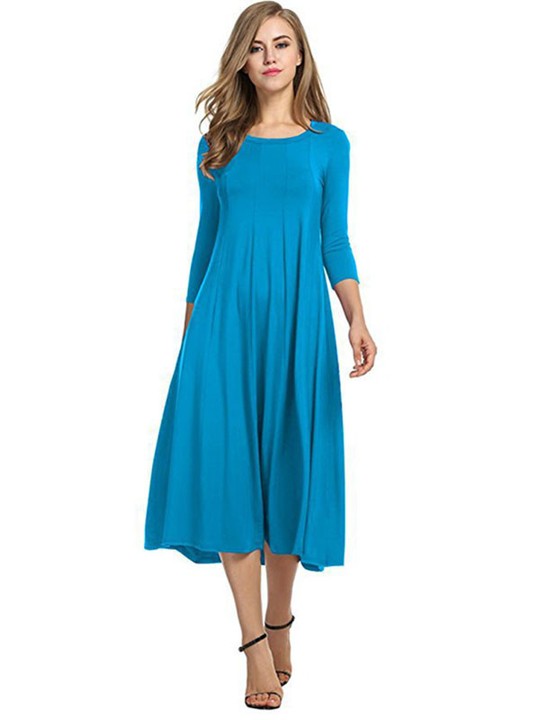 Light Blue A-Line and Flare Midi Long Dress