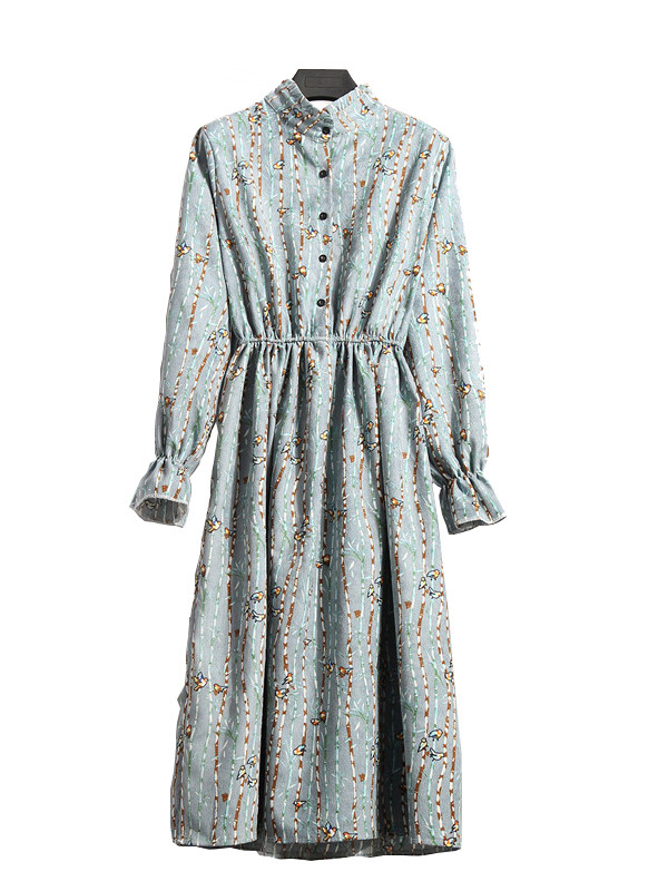Light Blue Women Stand Collar Long Sleeve Dress