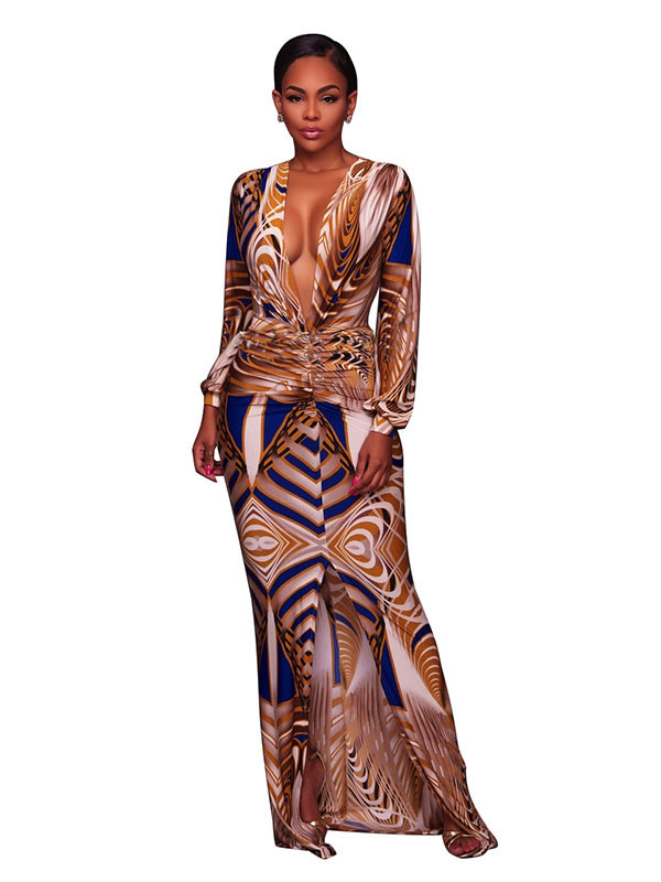 Light Yellow S-3XL V Neck Printed Ankle Length Dress