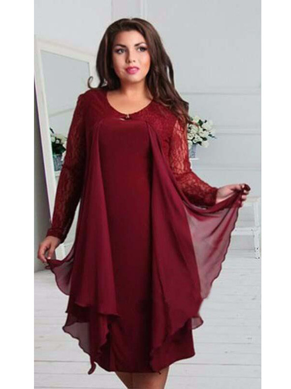 Long Sleeve Plus Size Chiffon Midi Dress