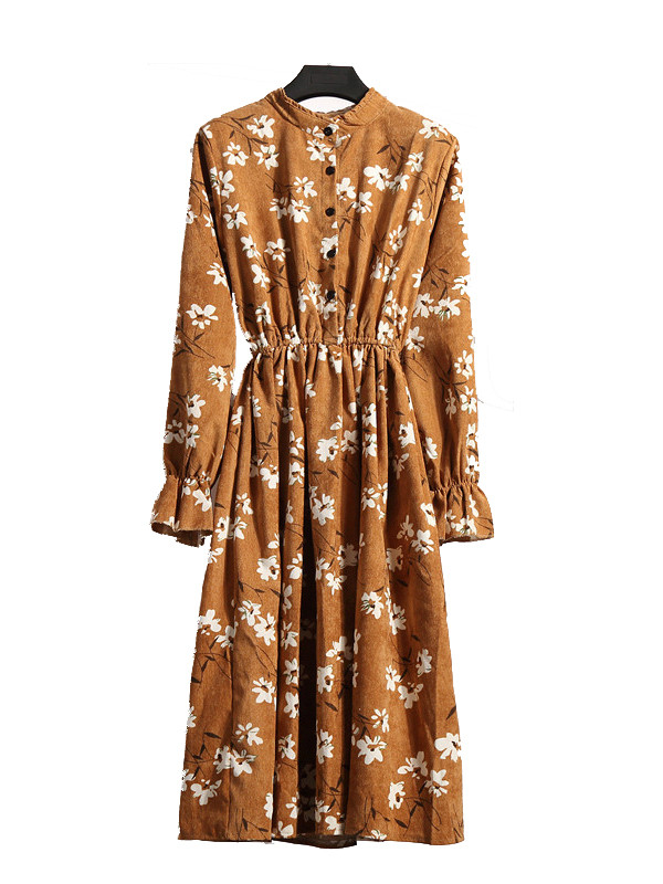 Orange Women Stand Collar Long Sleeve Dress