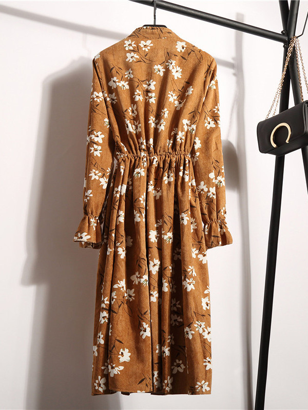 Orange Women Stand Collar Long Sleeve Dress