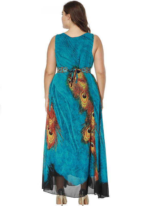 Peacock Feather Print Plus Size Dress 