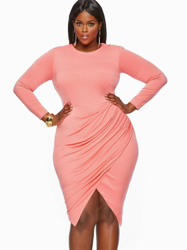 Pink Women Long Sleeve Plus Size Dress