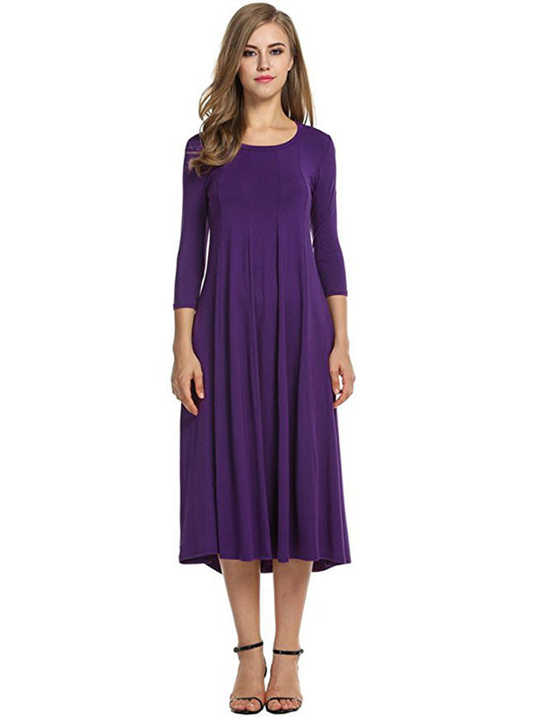 Purple A-Line and Flare Midi Long Dress
