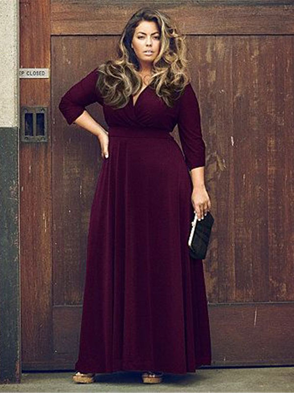 Purple L-3XL Sexy V Neck Plus Size Dress