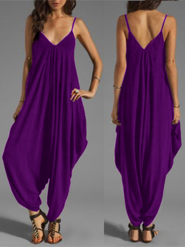 Purple Spaghetti Strap V-neck Loose Jumpsuit