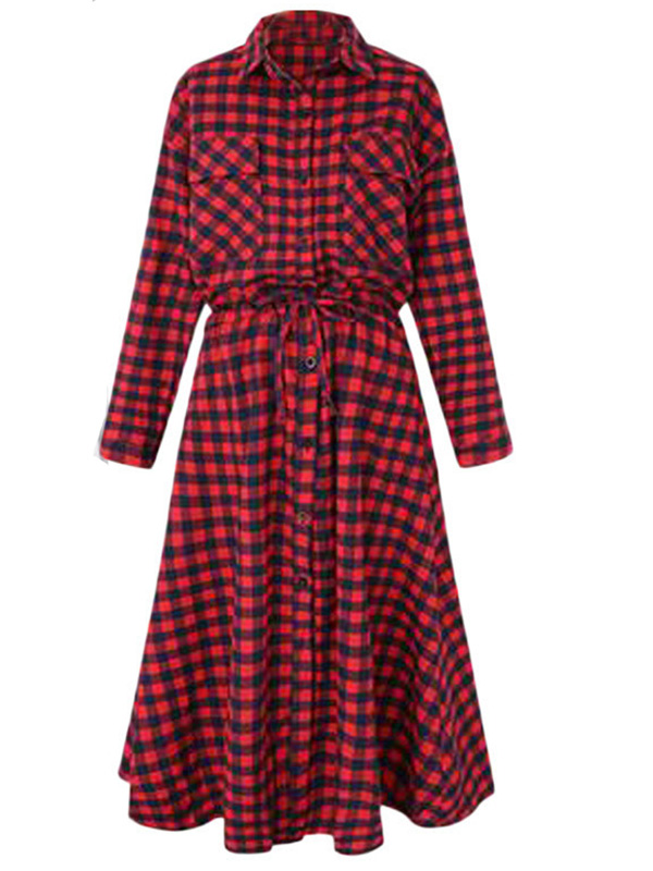 Red Women Long Sleeve Plaids Casual Dress