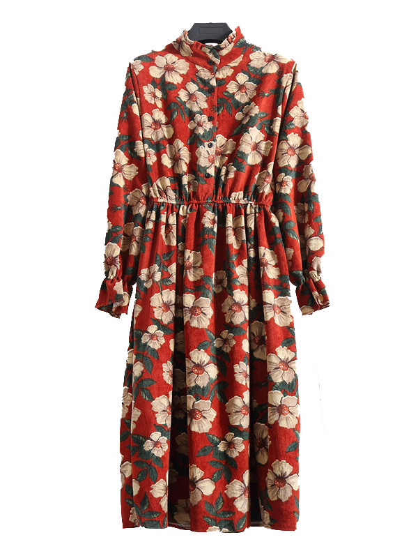 Red Women Stand Collar Long Sleeve Dress