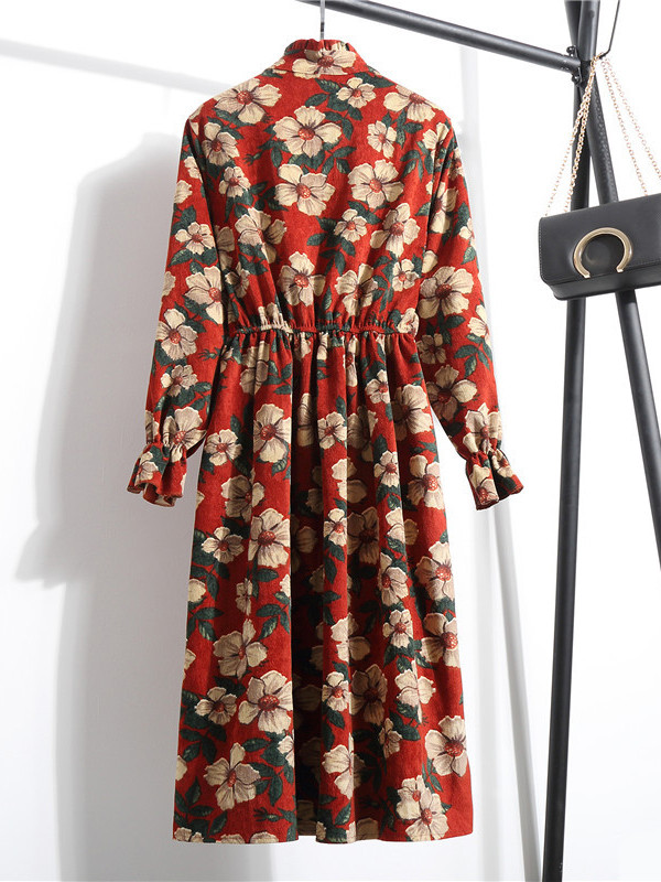 Red Women Stand Collar Long Sleeve Dress