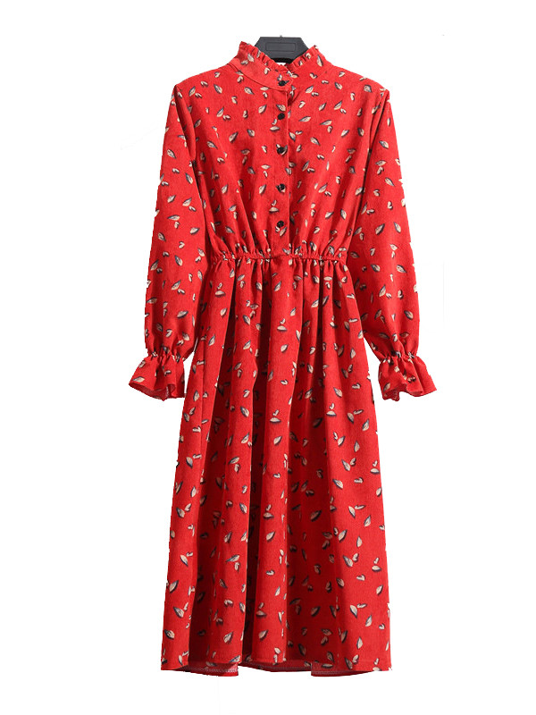Red Women Stand Collar Long Sleeve Dress