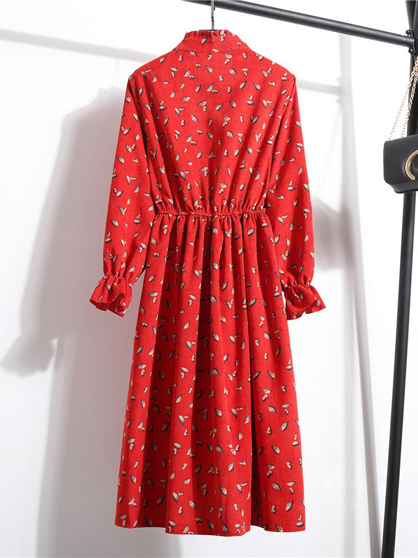 Red Women Stand Collar Long Sleeve Dress