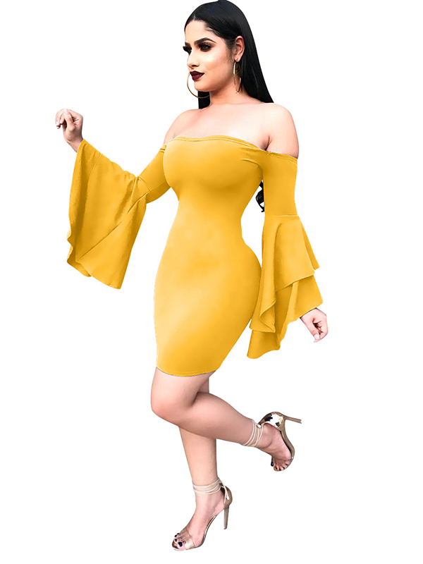 Sexy Bateau Neck Yellow Polyester Mini Dress