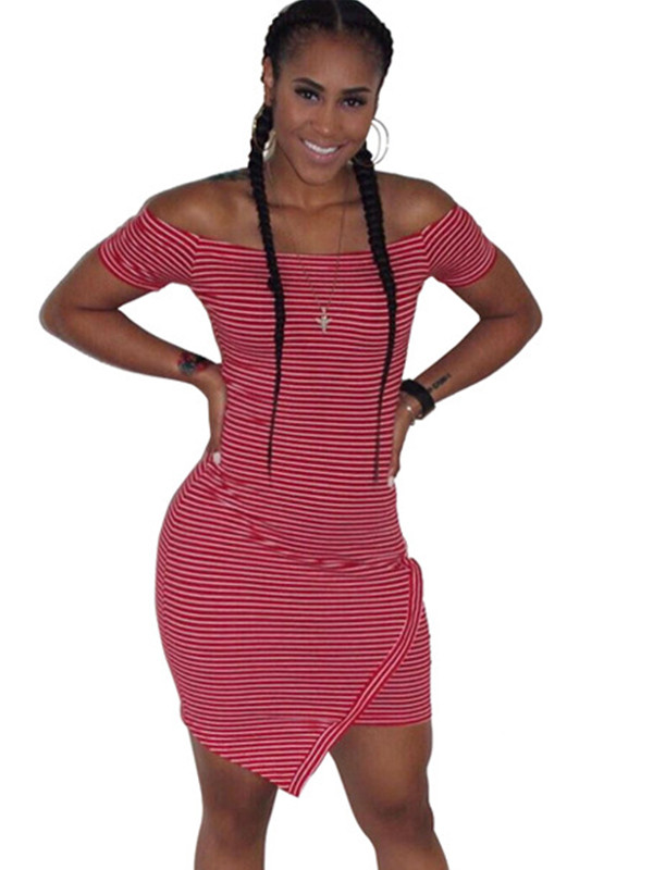 Stylish Dew Shoulder Striped Red Mini Dress 