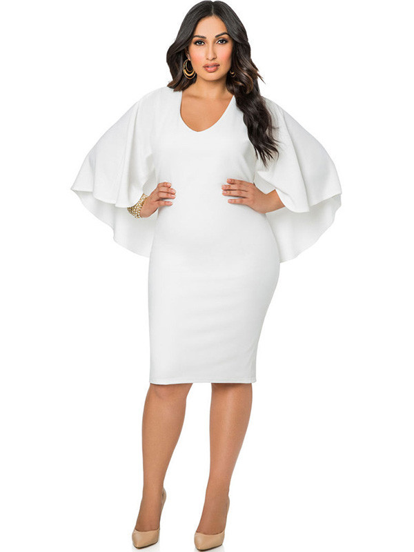 White L-3XL Bat Sleeves Plus Size Dress