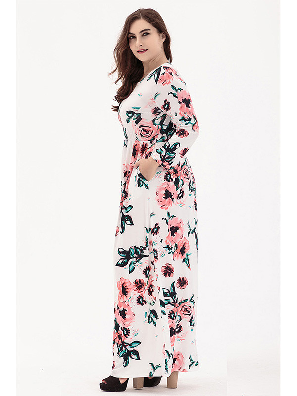 White Long Sleeve Plus Size Floral Maxi Dress